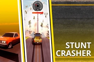 To biler vist i et delt bilde med teksten Stunt Crasher på høyre side