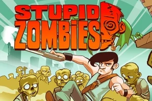 En tegnet figur med en hagle omringet av grønne zombier, med teksten Stupid Zombies i bakgrunnen
