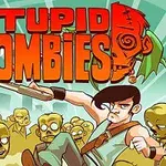 En tegnet figur med en hagle omringet av grønne zombier, med teksten Stupid Zombies i bakgrunnen