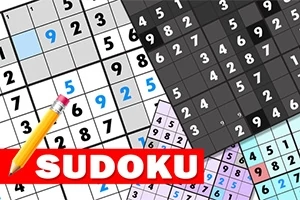 Flere sudoku-brett med forskjellige farger, en gul blyant, og teksten SUDOKU i rødt