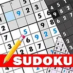 Flere sudoku-brett med forskjellige farger, en gul blyant, og teksten SUDOKU i rødt