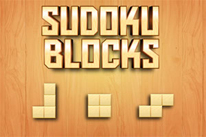 Tekst i blokkbokstaver som sier Sudoku Blocks over tre tetris-lignende figurer på en trebakgrunn