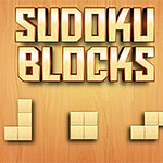 Tekst i blokkbokstaver som sier Sudoku Blocks over tre tetris-lignende figurer på en trebakgrunn