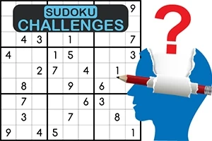 Sudoku-brett med en blå silhuett av et hode, en blyant og et spørsmålstegn
