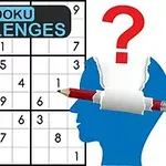 Sudoku-brett med en blå silhuett av et hode, en blyant og et spørsmålstegn