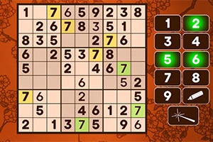 Et delvis utfylt sudoku-brett med høyre sidemeny hvor tallene 2 og 5 er markert med grønn farge