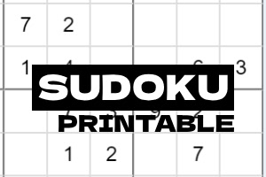Et delvis fylt tallrutenett med teksten Sudoku Printable i svart og hvit over bildet