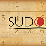 Teksten Sudoku er skrevet med en rød sirkel erstatning for bokstaven O mot en bakgrunn av delvis synlige tall i rutemønster