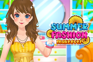 En illustrasjon av en smilende kvinne i en gul kjole foran en speil og med teksten Summer Fashion Makeover