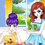 To unge kvinner med anime-inspirert utseende sitter ved et bord i et fargerikt rom, hvorav den ene serverer drikke