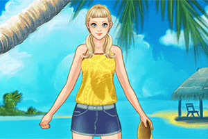 En animert jente med blondt hår står på en solfylt strand med en palme, iført en gul topp og denim shorts, med en hytte synlig i bakgrunnen