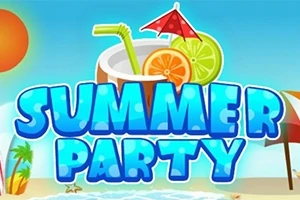 Teksten Summer Party med en bakgrunn av en strand, kokosnøttdrink, sol, og palmer