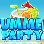 Teksten Summer Party med en bakgrunn av en strand, kokosnøttdrink, sol, og palmer
