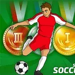 Tegning av en fotballspiller i rødt og hvitt som sparker en ball, med medaljer i bakgrunnen