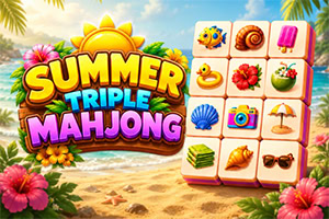 Fargerik tropisk spillgrafikk med stor «Summer Triple Mahjong»-tekst, mahjongbrikker, palmer, hibiskusblomster og strandbakgrunn
