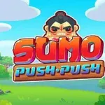Fargerik tegneseriestil med sumobryter-ansikt og teksten Sumo Push Push foran en landskap med trær og en tori-port