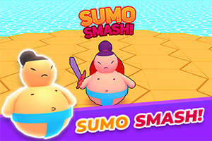 To sumobrytere med blå belter står på en sekskantet arena, med fargerik tekst SUMO SMASH!