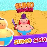 To sumobrytere med blå belter står på en sekskantet arena, med fargerik tekst SUMO SMASH!