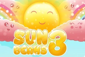 Smilende sol med rosa skyer og regnbuer i bakgrunnen, samt teksten Sun Beams 3 i gule bokstaver
