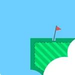 Illustrasjon av en minimalistisk, blå himmel med en grønn plen på høyre side, toppet med et rødt flagg, og en liten hvit ball på venstre side blant skyer