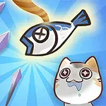 Katt med begeistret ansiktsuttrykk ser på en svevende fisk med piler i bakgrunnen