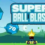 Et fargerikt bilde med en kanonbil som skyter på flere nummererte mangefargede figurer, mot en blå himmel med teksten Super Ball Blast øverst