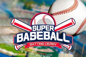 Logo for en baseball-begivenhet med teksten Super Baseball Batting Derby over kryssete balltrær og en baseball i bakgrunnen