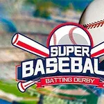 Logo for en baseball-begivenhet med teksten Super Baseball Batting Derby over kryssete balltrær og en baseball i bakgrunnen