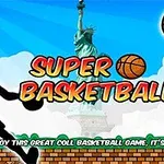 Silhuett av en basketballspiller og basketballer foran Frihetsgudinnen med teksten Super Basketball og en basketballkurv