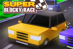 To blokkaktige biler, en gul og en lilla, kjører langs en vei med en grønn bakgrunn og teksten Super Blocky Race ovenfor