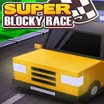To blokkaktige biler, en gul og en lilla, kjører langs en vei med en grønn bakgrunn og teksten Super Blocky Race ovenfor
