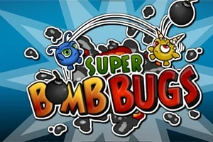 To tegneseriefigurer som kaster bomber over teksten Super Bomb Bugs på en blå bakgrunn