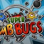 To tegneseriefigurer som kaster bomber over teksten Super Bomb Bugs på en blå bakgrunn