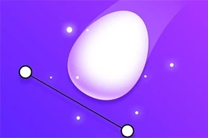 Et lyst eggformet objekt på en lilla bakgrunn med to hvite prikker forbundet av en linje og små lysende punkter rundt