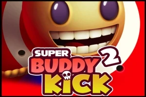 En tegneseriefigur med et stort smil og store øyne på en rød bakgrunn med teksten Super Buddy Kick 2