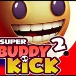 En tegneseriefigur med et stort smil og store øyne på en rød bakgrunn med teksten Super Buddy Kick 2