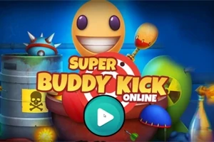 En illustrasjon med teksten Super Buddy Kick Online omgitt av en smilende figur, fargerike objekter og en tønne med et hodeskalle-symbol