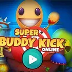 En illustrasjon med teksten Super Buddy Kick Online omgitt av en smilende figur, fargerike objekter og en tønne med et hodeskalle-symbol