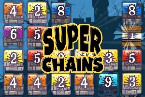 Fargerike nummererte blokker i et rutenett med teksten Super Chains i midten