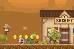 En animert figur utkledd som cowboy skyter mot grønne monstre foran en sheriffbygning i et ørkenlandskap, omgitt av mynter og et hodeskallesymbol