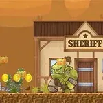 En animert figur utkledd som cowboy skyter mot grønne monstre foran en sheriffbygning i et ørkenlandskap, omgitt av mynter og et hodeskallesymbol