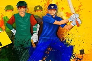 To cricketspillere i fargerike drakter står klar til kamp med ustø bakgrunn av fargerik spraymaling