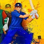 To cricketspillere i fargerike drakter står klar til kamp med ustø bakgrunn av fargerik spraymaling