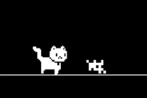 En svart bakgrunn viser en hvit, pixellert katt og en liten hvit hund