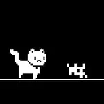En svart bakgrunn viser en hvit, pixellert katt og en liten hvit hund