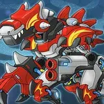 Robotdinosaur i rødt, grått og oransje med futuristiske detaljer og våpen på kroppen