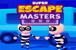To animasjonsfigurer i stripete fangedrakter står foran en blå varebil med teksten Super Escape Masters over dem