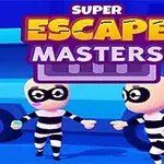 To animasjonsfigurer i stripete fangedrakter står foran en blå varebil med teksten Super Escape Masters over dem