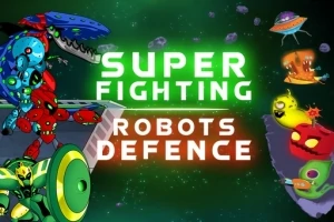 Fargerike roboter og romvesener med teksten Super Fighting Robots Defence mot en stjernespekket bakgrunn