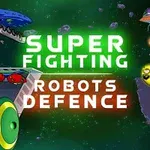 Fargerike roboter og romvesener med teksten Super Fighting Robots Defence mot en stjernespekket bakgrunn